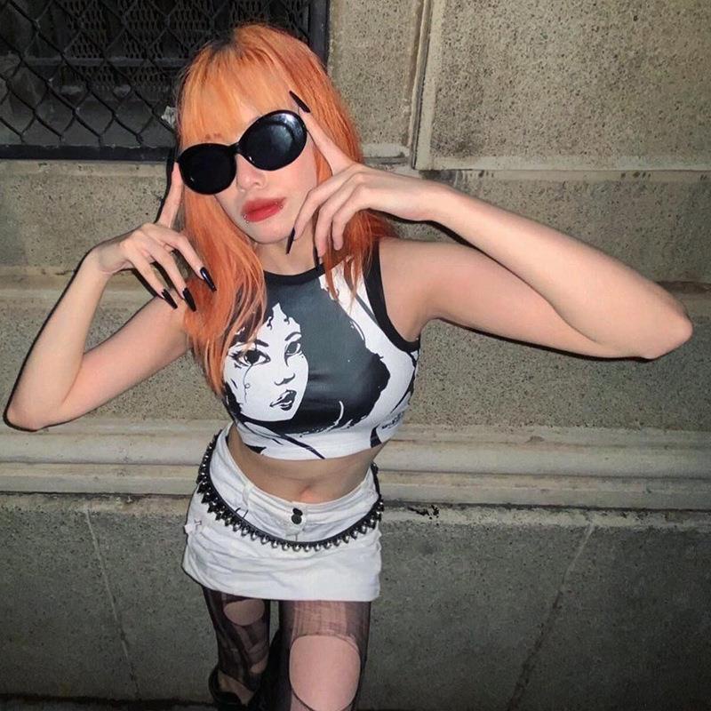 Áo Croptop Sát Nách Cổ Tròn In Họa Tiết Chân Dung Phong Cách Âu Mỹ Thời Trang Cho Nữ