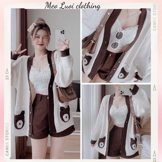 Áo khoác len cardigan gấu nữ viền sữa màu cafe sữa hàng Qc mẫu mới thu đông 2022