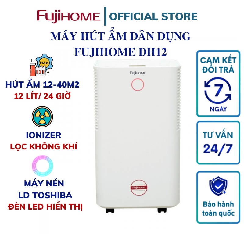 Máy hút ẩm gia đình FUJIHOME DH12 Công suất 12lít/ ngày - Độ ồn cực thấp - Đèn led hiển thị chất lượng độ ẩm