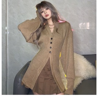 Aó len nữ cardigan cổ tim be tay bồng bo eo Hàn Quốc