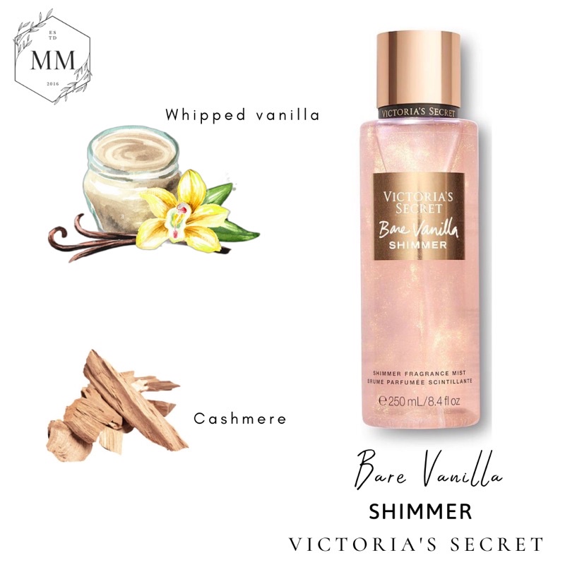 Bộ sản phẩm Xịt Thơm Toàn Thân nhũ Victoria’s Secret Body Mist mùi Bare Vanilla Shimmer fullsize 250ml