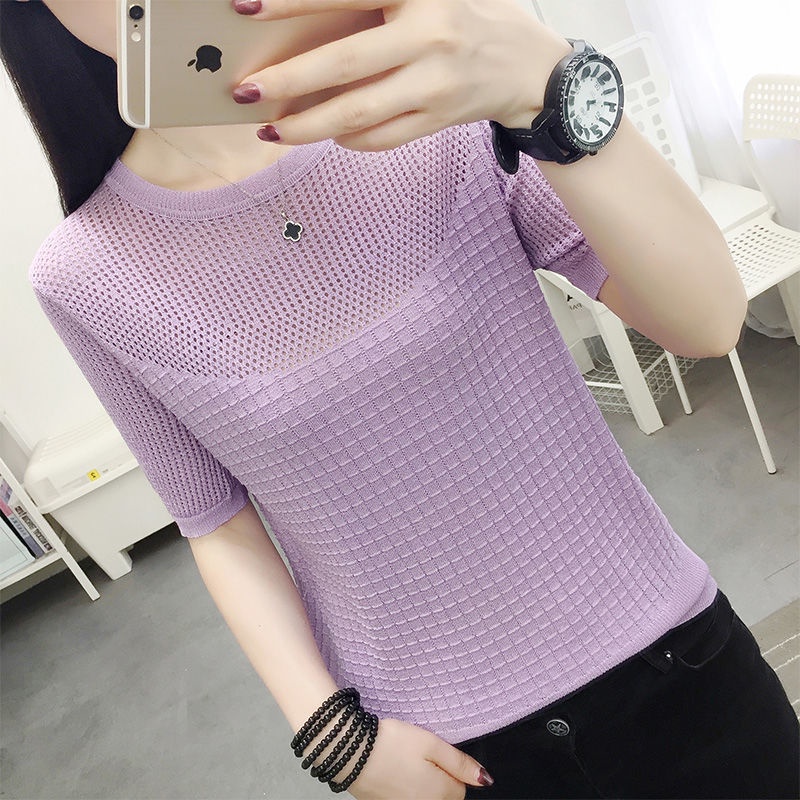 Áo Thun Dệt Kim Tay Ngắn Cổ Tròn Màu Tím Thời Trang Mùa Hè Xinh Xắn Cho Nữ