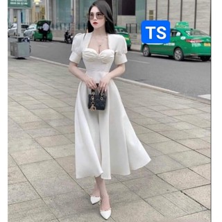 đầm thiết kế, váy trắng dự tiệc dáng xòe tay bồng tiểu thư xinh xắn