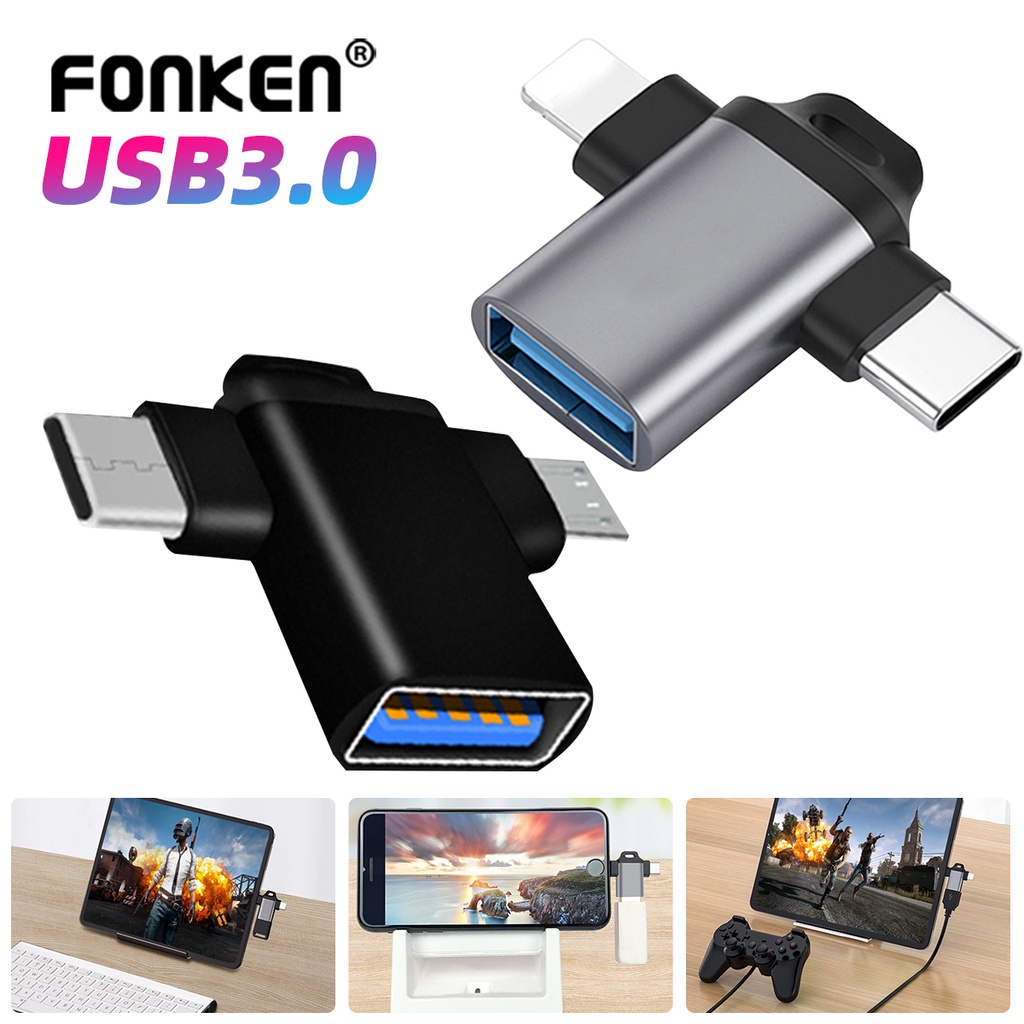 Đầu đọc thẻ nhớ FONKEN chuyển đổi 2 trong 1 OTG Micro USB / Type C / iOS sang USB 3.0 đa năng cho điện thoại