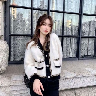 Áo khoác len cardigan lông thỏ cúc ngọc kẻ dạ hàng Quảng Châu