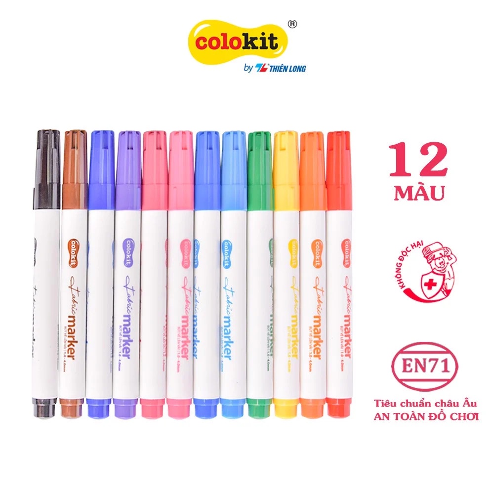 Bút vẽ lên vải 12 màu Fabric Marker Thiên Long Colokit - Tặng kèm túi vải Canvas