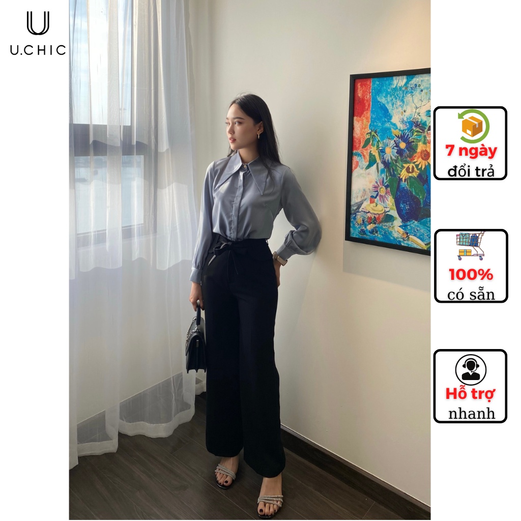 ( Ảnh thật ) Áo lụa xanh ghi, sơ mi công sở| U.CHIC | B01.22.A009 | Xanh ghi | không nhăn, cổ nhọn cách điệu