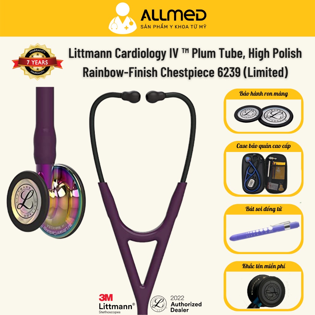 Ống nghe Littmann® Cardiology IV ™ màu Plum & Rainbow, gương cầu vồng, mã 6239, chính hãng 3M Mỹ