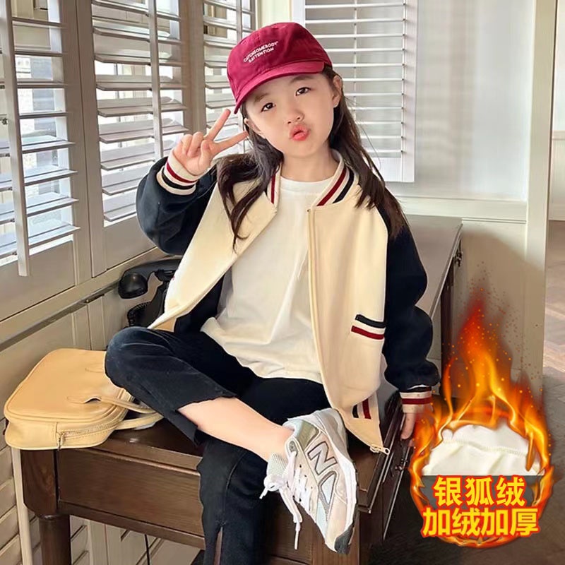 Áo Khoác Bóng Chày Lót Nhung Dày Dặn Màu Sắc Tương Phản Thời Trang Thu Đông 2022 Cho Bé Gái 3-14 Tuổi