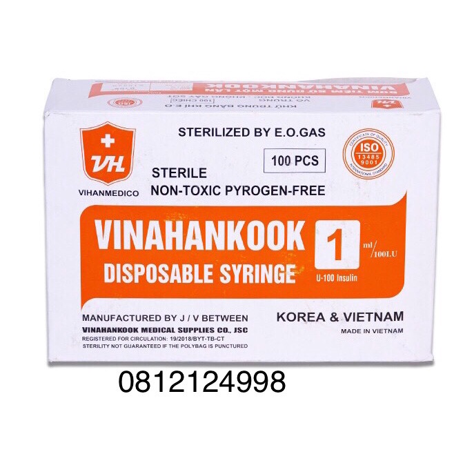 HỘP 100 cây BƠM KIM TIÊM TIỂU ĐƯỜNG INSULIN 1CC 1ML 100iu  VINAHANKOOK