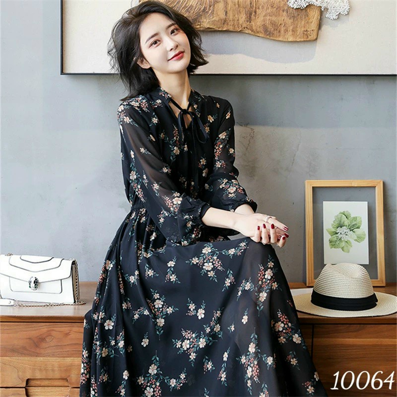 Đầm voan hoa nữ maxi trung niên tay dài chữ A dự tiệc dạo phố nhẹ nhàng