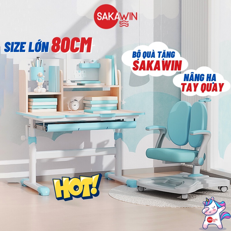 Bộ bàn học cho bé S80 và Ghế G90, Bàn học sinh có giá sách Nâng hạ độ cao bằng tay quay, Ngồi chuẩn tư thế học
