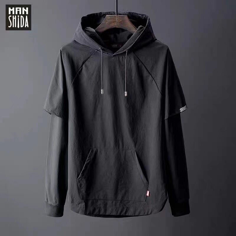 Áo Hoodie Giả Hai Lớp Tay Dài Dáng Rộng Màu Đen Phong Cách Hàn Quốc Thời Trang Mùa Thu Cho Nam Sinh
