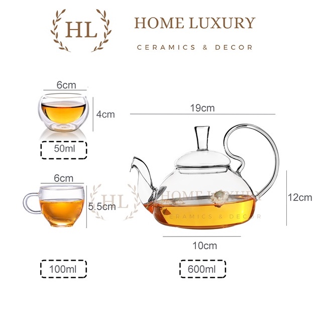 CHÉN  ĐĨA THỦY TINH QUAI | Chén thủy tinh chịu nhiệt chuyên dùng cho trà hoa cúc 100ml kèm đĩa kê thủy tinh chịu nhiệt