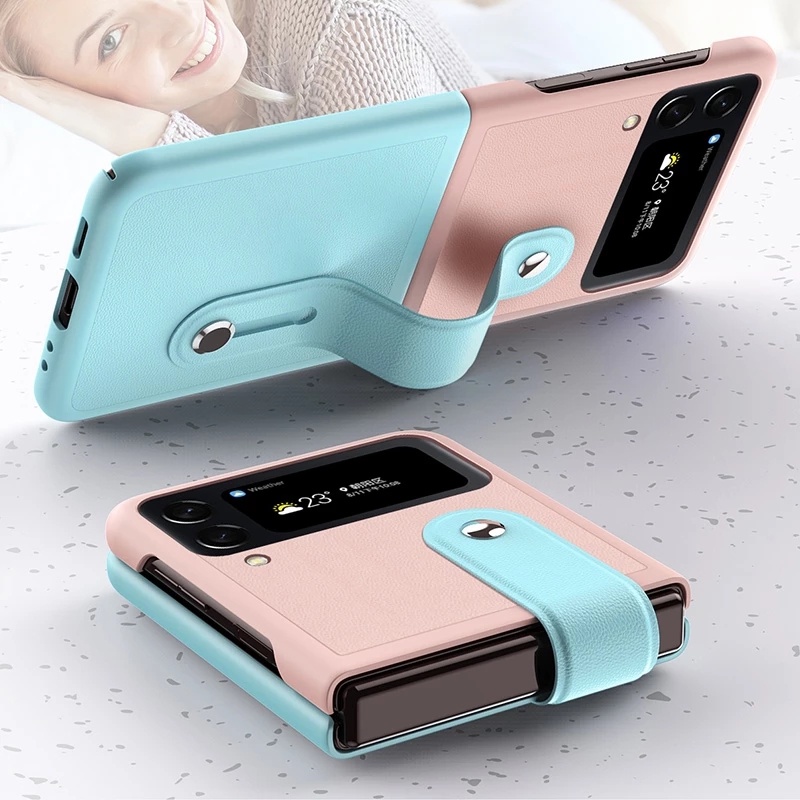 Ốp Điện Thoại Da PU Có Dây Đeo Cổ Tay Làm Vòng Đỡ Thu Gọn Chống Sốc Cho Samsung Galaxy Z Flip 4