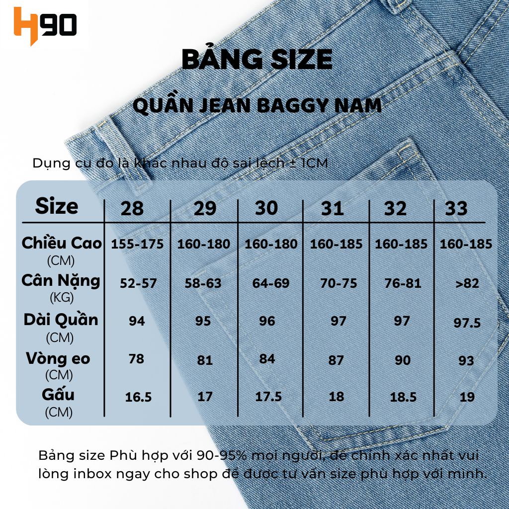 Quần Jean Baggy Nam H90 Dáng Suông Unisex Chất Bò Không Co Giãn Cao Cấp Chống Nhăn Không Phai Màu HTRJ013