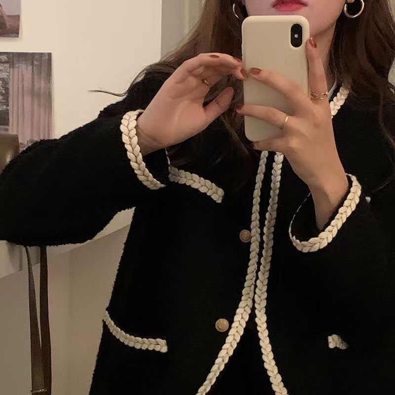 Áo khoác dạ đen tweed phong cách tiểu thư, hoàng gia dáng dài áo cardigan dạ dày dặn