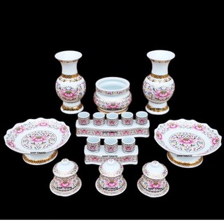 Bộ thờ cúng sứ hoa sen hồng 2018 lư,bình,dĩa,bi nước,án 3,án 5,ống nhang đủ size,đủ bộ