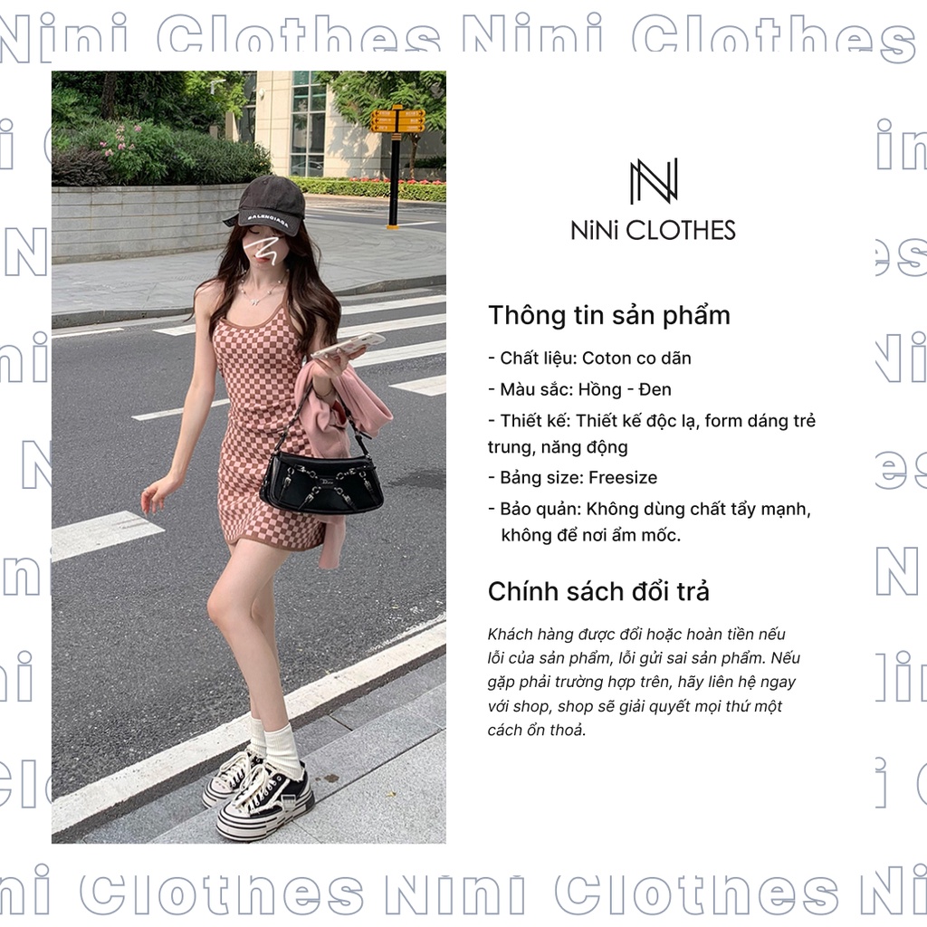Váy len, đầm body hoạ tiết caro 2 dây dáng ôm phong cách Hàn Quốc NiNi Clothes