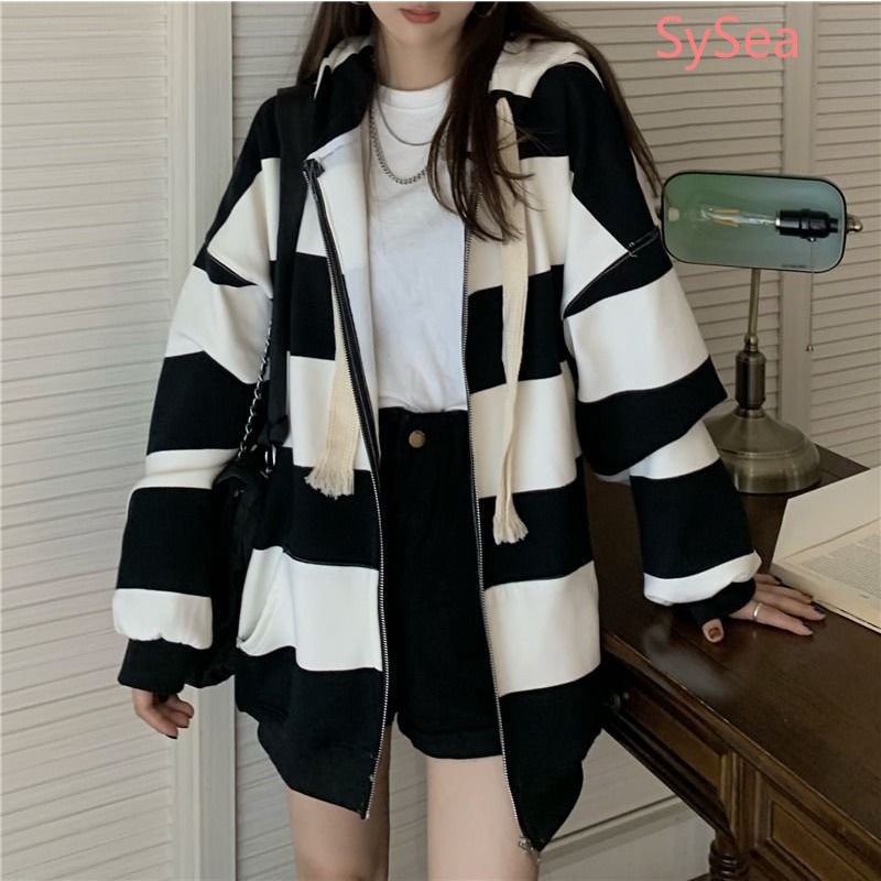 Áo Hoodie Form Rộng Họa Tiết Kẻ Sọc Phong Cách Hàn Quốc