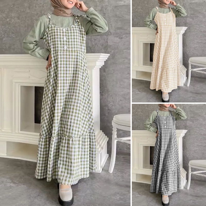 ZANZEA Đầm Hai Dây Viền Bèo Họa Tiết Caro Thời Trang Cho Phụ Nữ Hồi Giáo