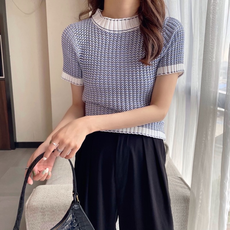 IELGY    Áo Thun Tay Ngắn Họa Tiết Sọc Ngang Màu Sắc Tương Phản Phong Cách Hàn Quốc Cho Nữ