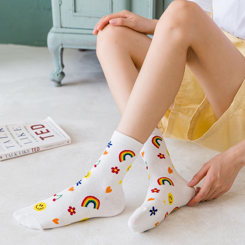 Đôi vớ WAFNHA D602 bằng cotton mềm mại cổ trung họa tiết hoạt hình dễ thương xinh xắn