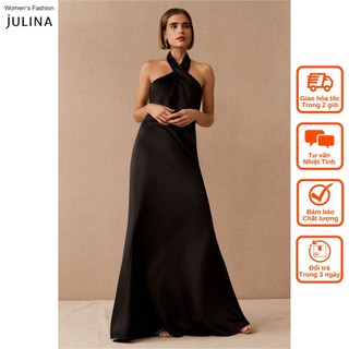 Đầm maxi cổ yếm hở lưng satin màu đen sang trọng dự tiệc Julina Ruby Satin Black (jf750) JF905