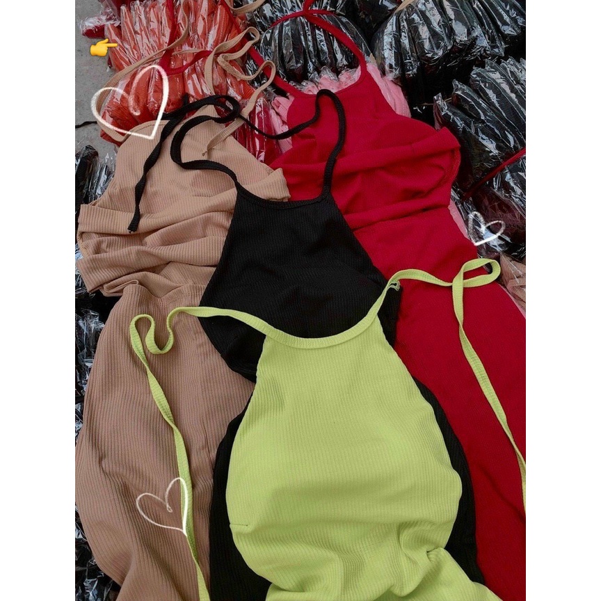 Đầm body cổ yếm cột cổ hở lưng 2 dây chun lưng chất gân tăm có may kèm mút ngực