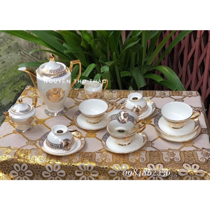 TRÀ SỨ XƯƠNG VERSACE TRẮNG MẠ VÀNG CAO CẤP- BỘ ẤM CHÉN ĐẸP