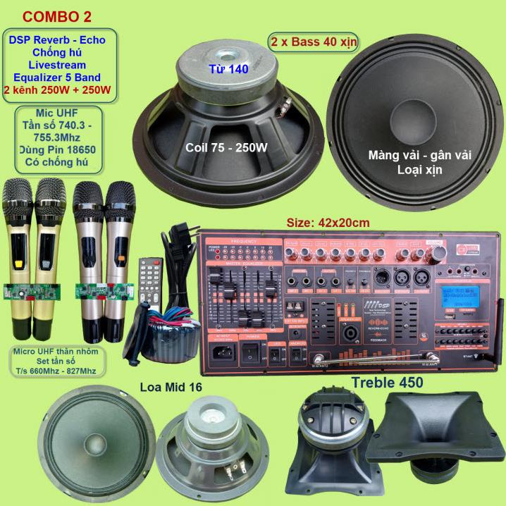 Mạch loa kéo 4 tấc đôi 2 kênh 250W + 250W DSP Reverb Echo Livestream có chống hú Equalizer 5 Band treble 450 4 tay micro