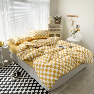 Bộ drap & chăn phao cotton tici caro vàng