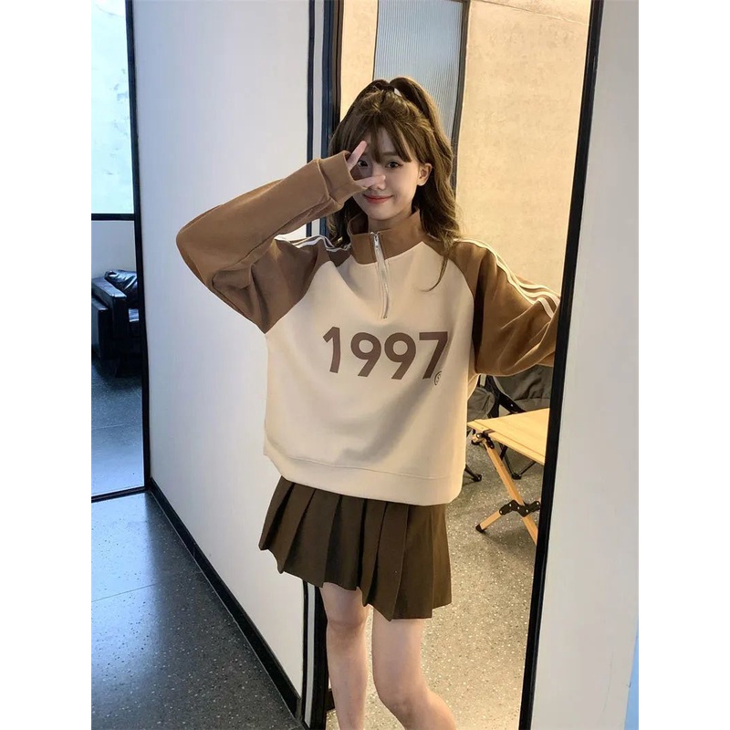 Áo Hoodie Tay Dài Dáng Rộng Cổ Đứng Có Khóa Kéo Màu Tương Phản Phong Cách Mỹ Thời Trang Mùa Thu Cho Nữ