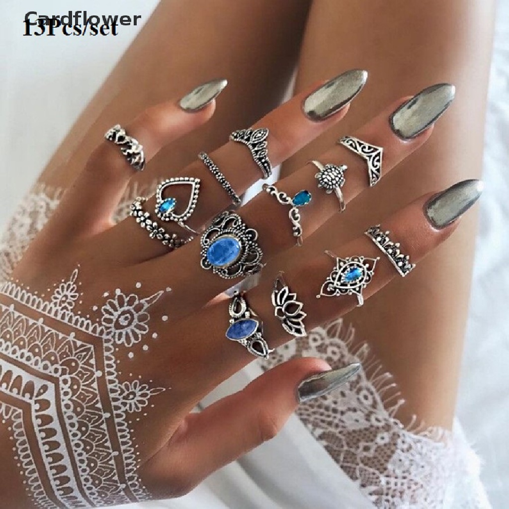 < Cardflower > Bộ 13 Nhẫn Thời Trang Boho Dainty Bohemian Đi Tiệc Trang Sức Ngôi Sao Đá Quý Đang Giảm Giá