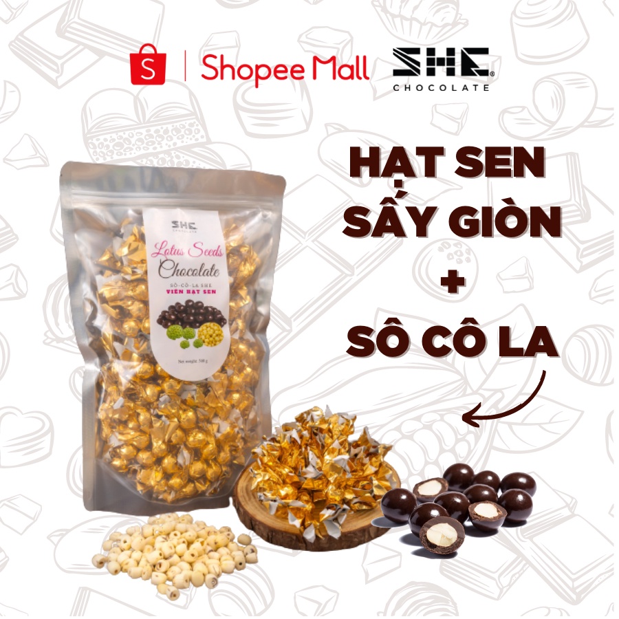 Socola viên Hạt sen - SHE Chocolate - Túi 500g - Bổ sung năng lượng. Quà tặng người thân, dịp lễ, thích hợp ăn vặt