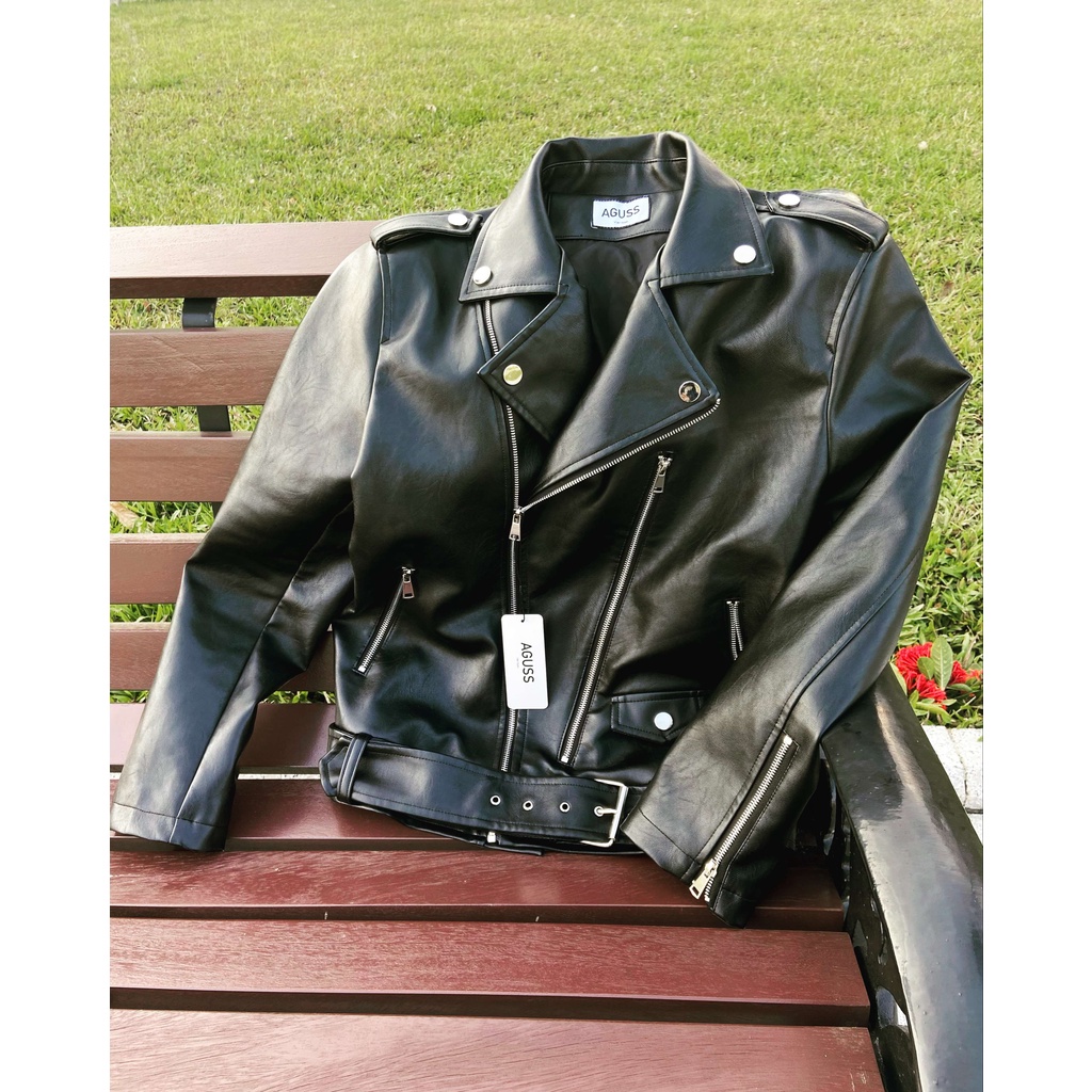 Áo khoác da biker AGUSS Fullbox, chất da nhân tạo nhập khẩu cao cấp | Áo da biker jacket đen