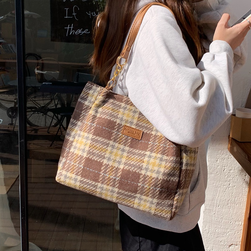 Túi Đeo Vai Cỡ Lớn Họa Tiết Sọc Caro Chất Lượng Cao Cho Nữ