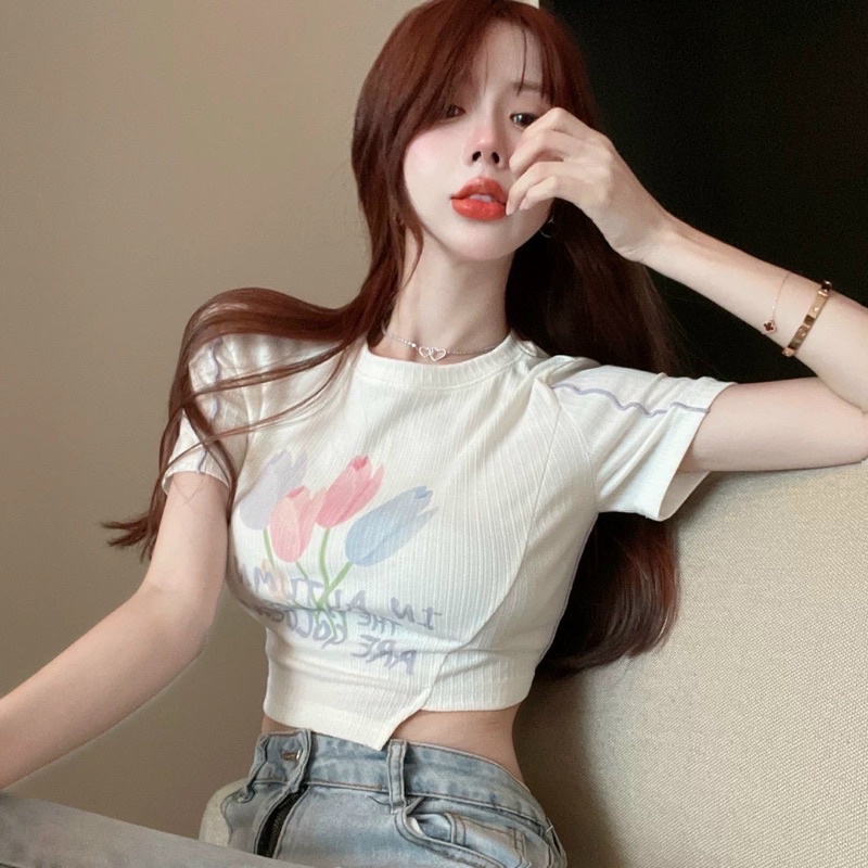 Áo croptop HOA TULIP GB cổ tròn tay ngắn chữ in cá tính đơn giản dễ thương Nữ kiểu hàn quốc alohashop91