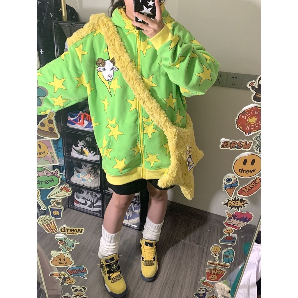 Áo Khoác Hoodie Dáng Rộng Thêu Hình Ngôi Sao Màu Sắc Tương Phản Phong Cách Mỹ Cho Cặp Đôi