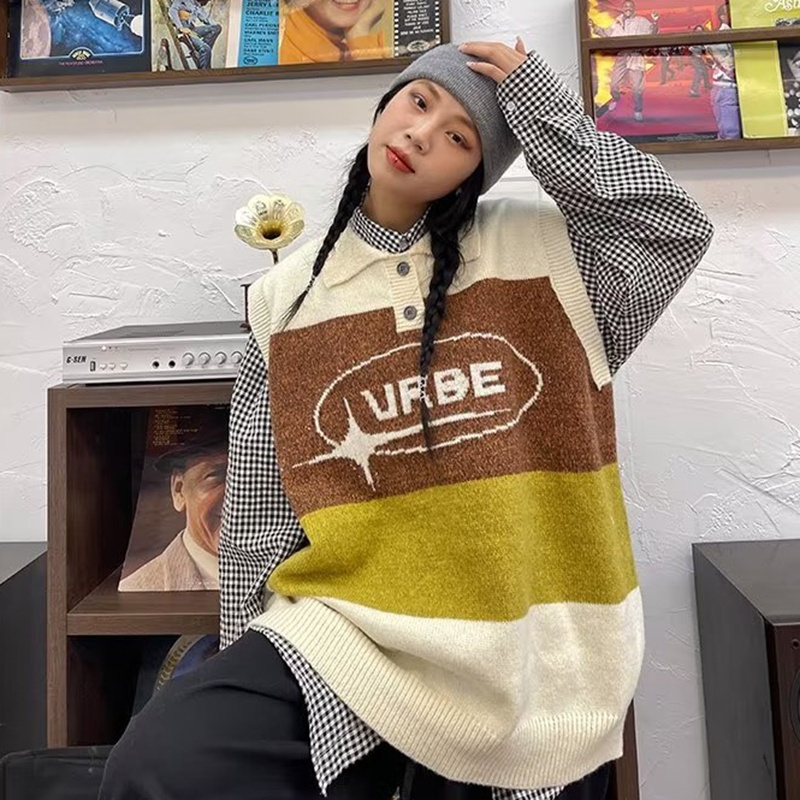 IELGY    Áo Không Tay Cổ Bẻ Màu Khối Phong Cách retro Dành Cho Nữ