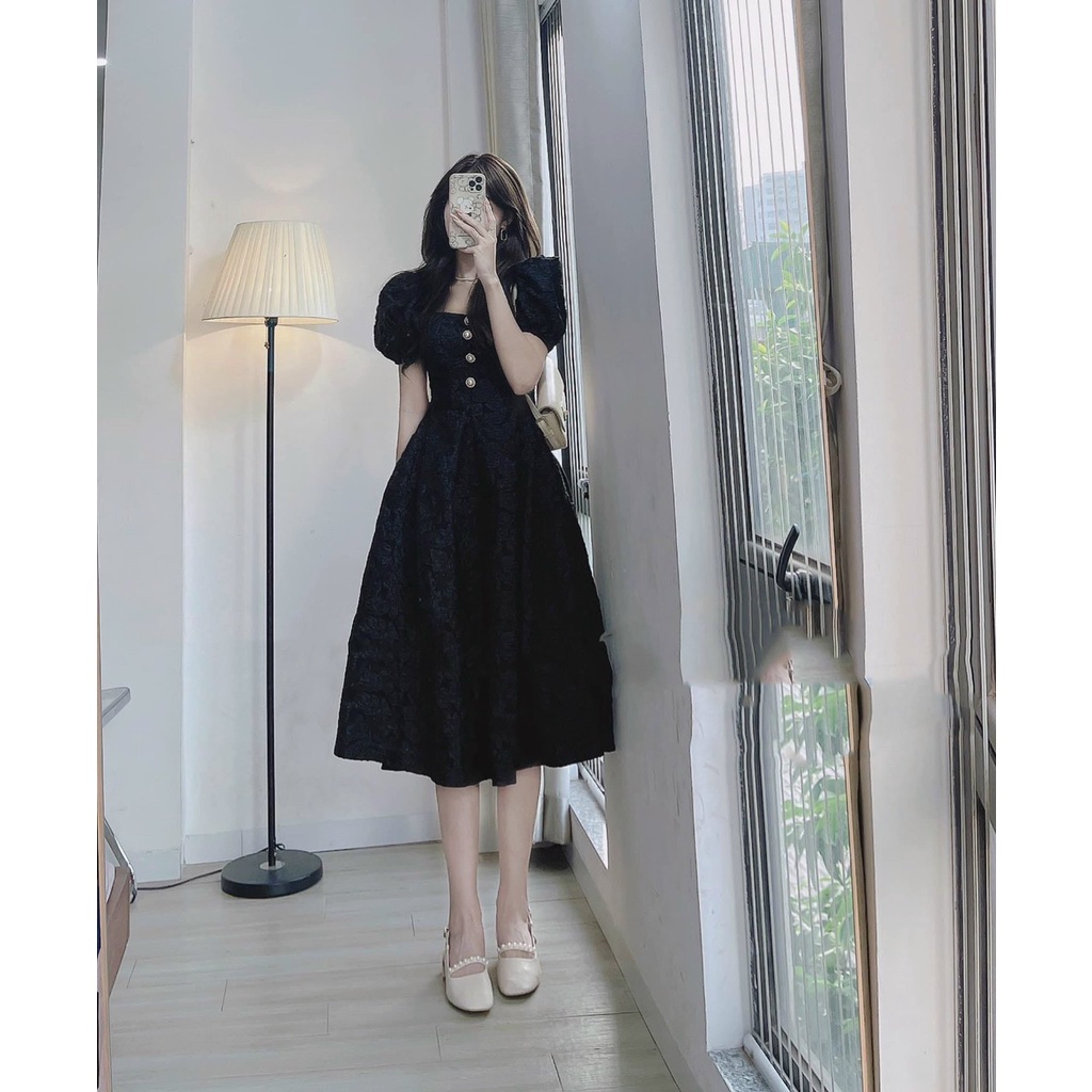 (Miễn Phí Ship 2022) Đầm gấm nữ đi tiệc,đầm thiết kế nút ngọc tay phồng dáng xòe có mút,hàng chuẩn shop lên from xinh