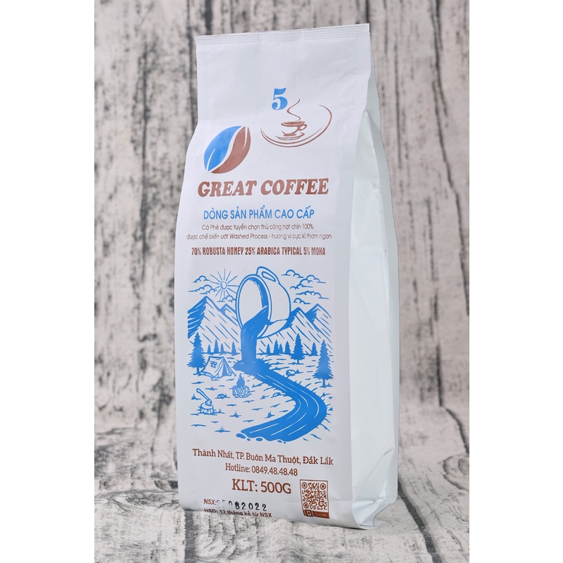 Cà phê rang xay nguyên chất GREAT COFFE,dòng mix 5 robusat honey,arbica typical ,moka,500g Cp05