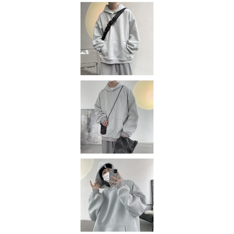 Áo khoác hoodie da lộn dáng rộng thiết kế năng động dành cho nam