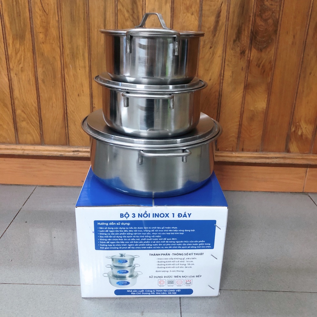 Bộ 3 nồi inox Long Cook cao cấp nấu được tất cả các bếp nắp Inox size 16-18-24cm