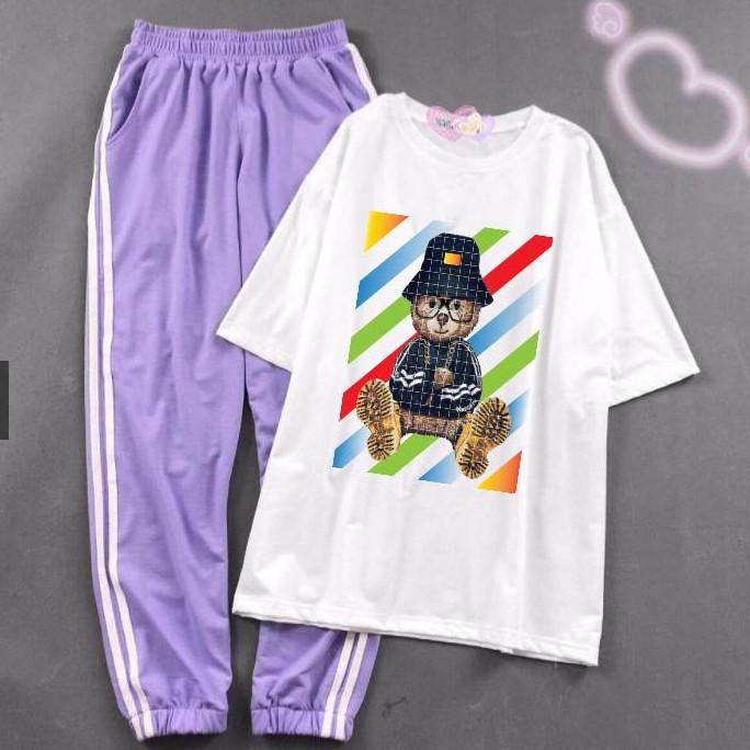 Set Bộ Đồ Nữ , Dự Tiệc , Áo Phông Cotton In Gấu Sắc Màu+Quần Thun Bo Gấu Teen Hàn Quốc