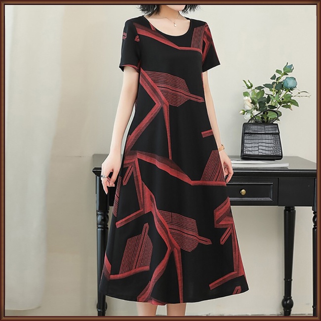 Đầm Midi Tay Ngắn Cổ Tròn Dáng Chữ A In Họa Tiết Trừu Tượng Thời Trang Xinh Xắn Cho Nữ