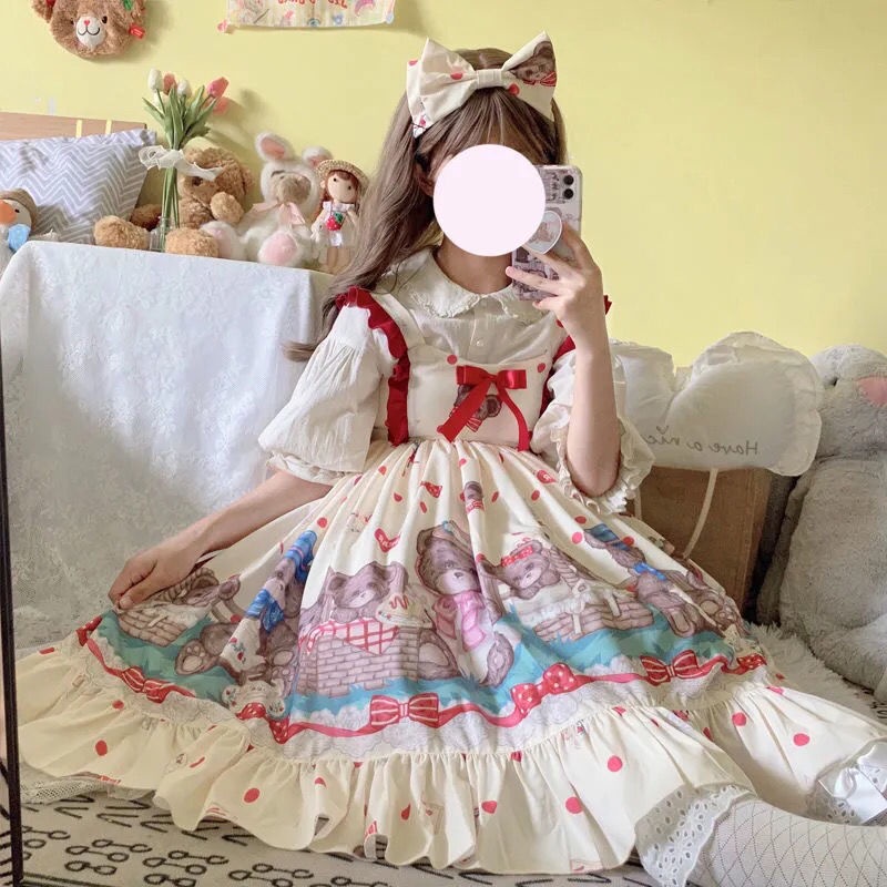 Đầm Hai Dây Họa Tiết Gấu Dễ Thương Phong Cách Lolita