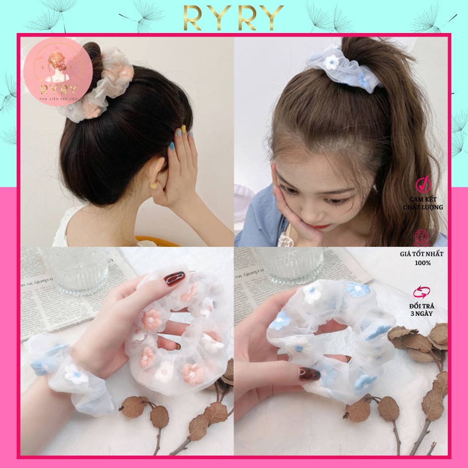 Dây Cột Tóc Vải Lưới Đính Hoa Xinh Xắn Cho Nữ