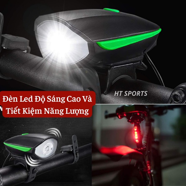 Đèn xe đạp thể thao HT Sports siêu sáng có còi pin sạc usb chống nước, đèn đuôi xe nhiều chế độ sáng