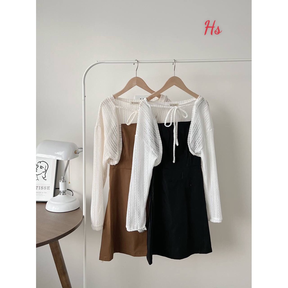 Đầm babydoll 2 dây, set váy 2 dây kèm áo khoác cardigan len AS41